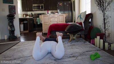 Aurora Willows, Behind The Scenes Yoga Workout In White Yoga Pants And Bare Feet, No Panties - hclips.com