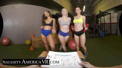 April Olsen - Jasmine Wilde - Jazlyn Ray - Gym girls Jazlyn Ray, April Olsen, and Jasmine Wilde take turns squating on their personal trainer's thick cock - hotmovs.com