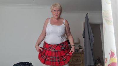 Tartan Skirt Stockings And White See Thru Panties - voyeurhit.com