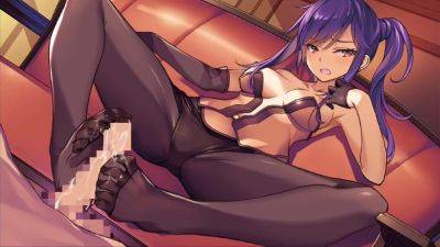 Purple-haired Anime Hottie In Pantyhose Giving A Hot Footjob - upornia.com - Japan