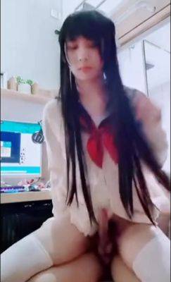 Horny Dude Is Excited To Find a Dick Under the School Uniform Of His Asian Trans-GF - anysex.com