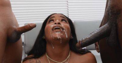 Ebony with huge tits soaked in sperm after crazy MMF perversions - alphaporno.com